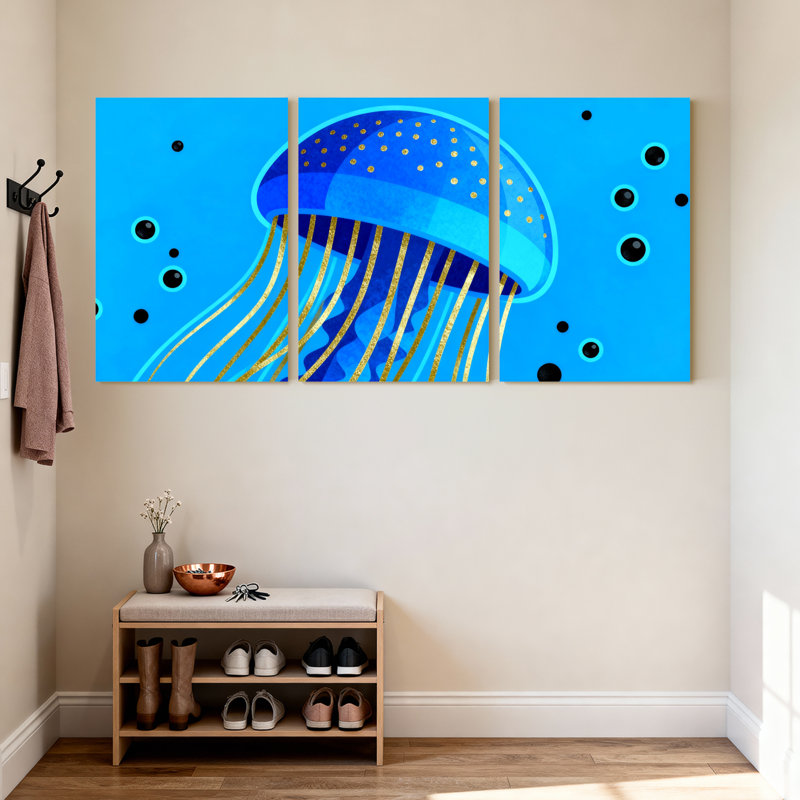 Ensemble de 3 impressions sur toile, méduse bleue avec tentacules dorés et bulles, H 18 po x l 36 po