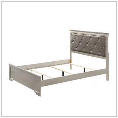 Modern 1Pc Beige Champagne Finish King Size Panel Bed Wooden Crocodile Texture PU Upholstered Headboard Crystal-Like Button Tufted Fabric Bedroom Furniture
