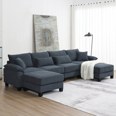 Modern Sofa Wide Seat Corduroy Modular Sectional Sofa Bed,Sleeper Couch Set With Armrest Pillow,6 Seat Free Combination Sofa With Ottomans,Oversized Indoor Furniture For Living Room