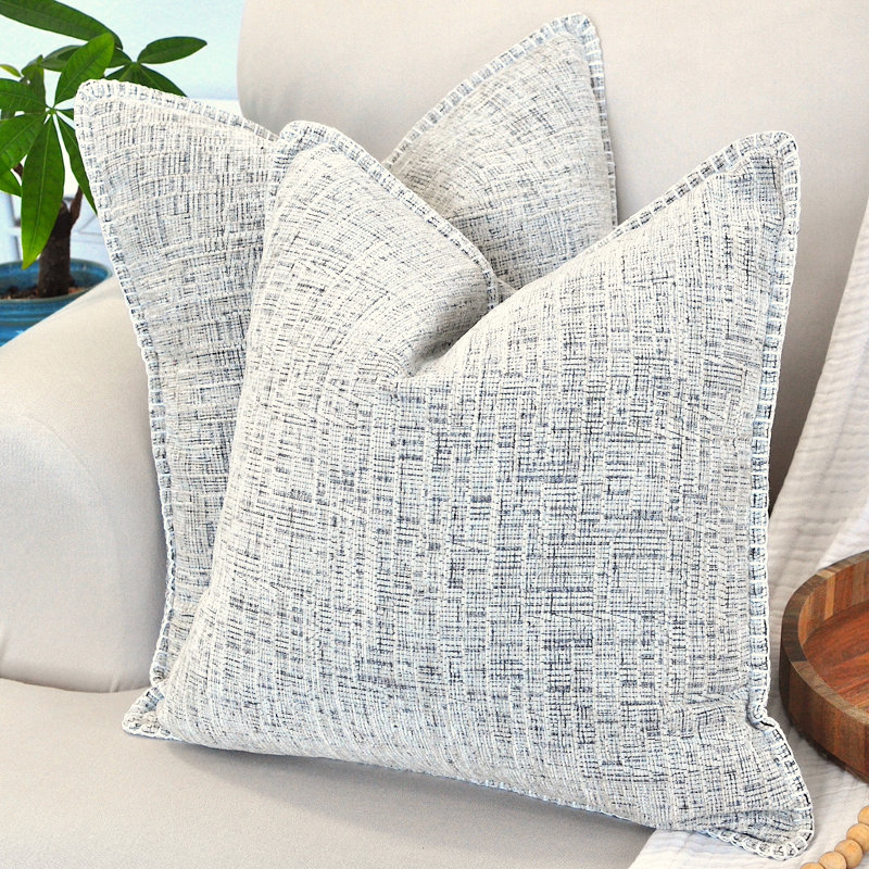 Cream White Chenille Square Throw Pillow Covers with Piped Edges, Set of 2