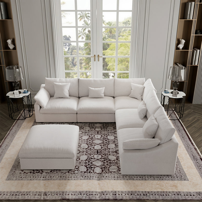 6 - Piece Slipcovered Sectional With Ottoman, Beige Linen Blend