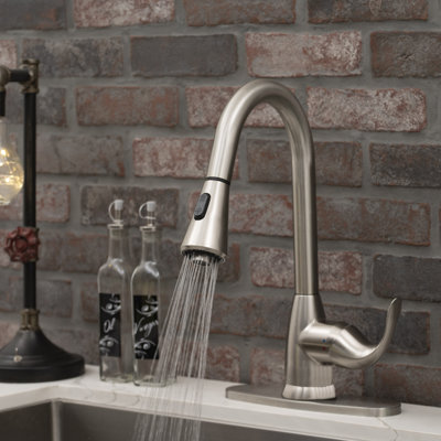 FlowCurve 8 in. Centerset 1-Handle Pull-Down Sprayer Kitchen Faucet with Deckplate in Brushed Nickel