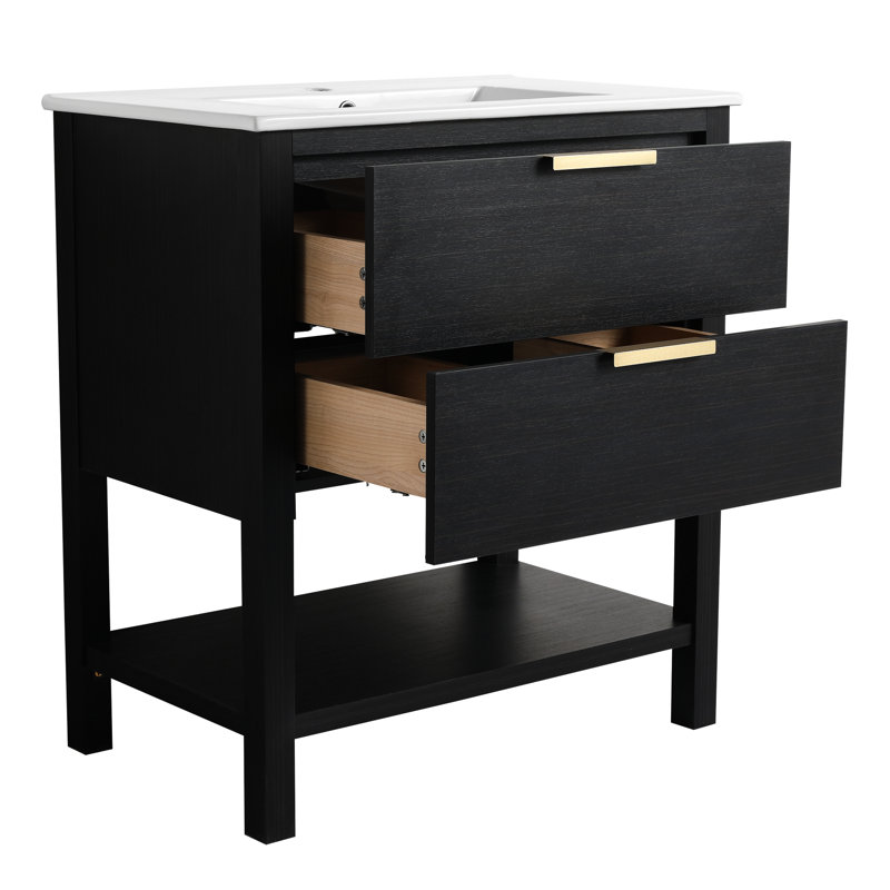 Meuble-lavabo avec 2 tiroirs. 30 po, châtaignier noir, poignée dorée, lavabo. Lavabo et tablette design. Tiroirs, poignée en métal