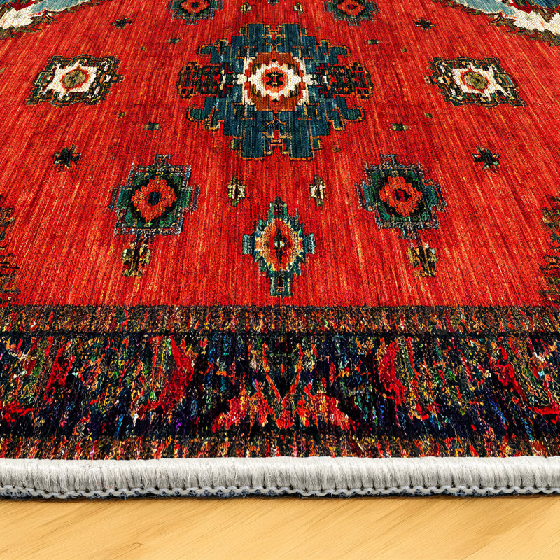 Mattis Red Blue Brown Moroccan Machine Printed Cotton Polyester Area Rug, Runner 2'8" x 14'10"