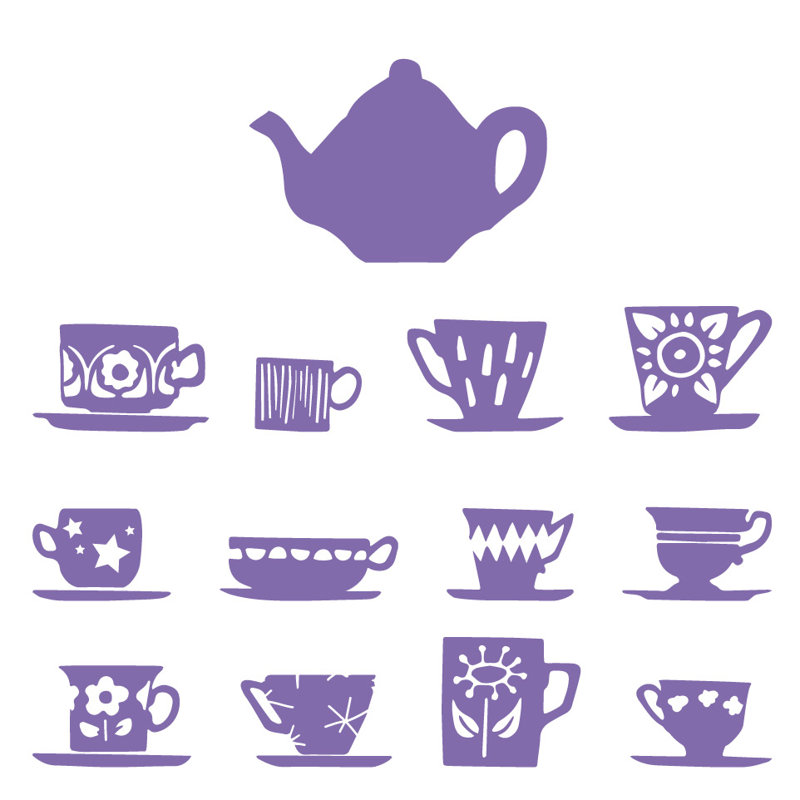 Décalcomanie murale tasses de thé, H 32 po x l 33 po x P 0,01 po, Lavande