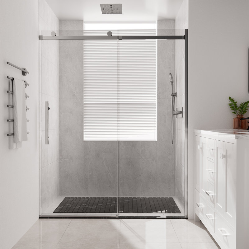 Porte de douche coulissante simple sans cadre réversible de 56 à 60 po x H 76 po avec verre trempé transparent de 3/8 po