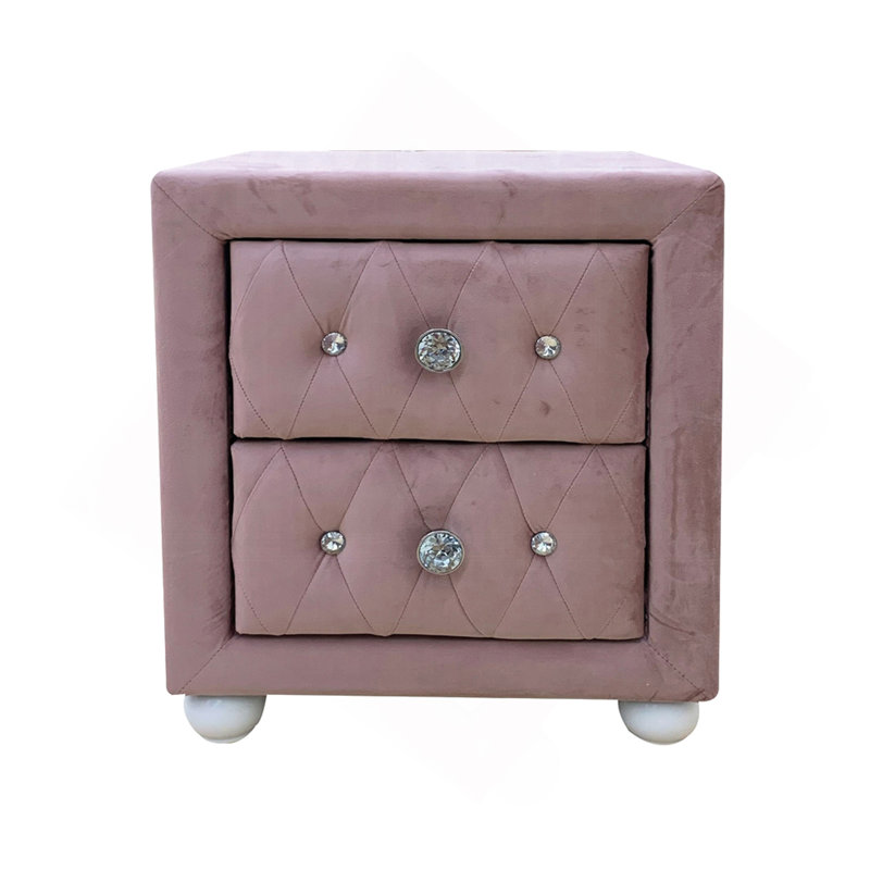 Fabric Upholstered Nightstand With 2 Drawers, Pink, Pink