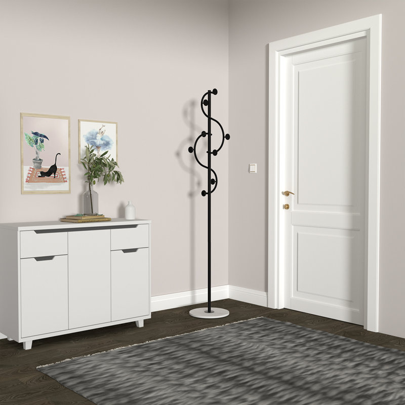 Steel Freestanding 8 - Hook Coat Rack with Marble Base Compact Art Design Easy Assembly