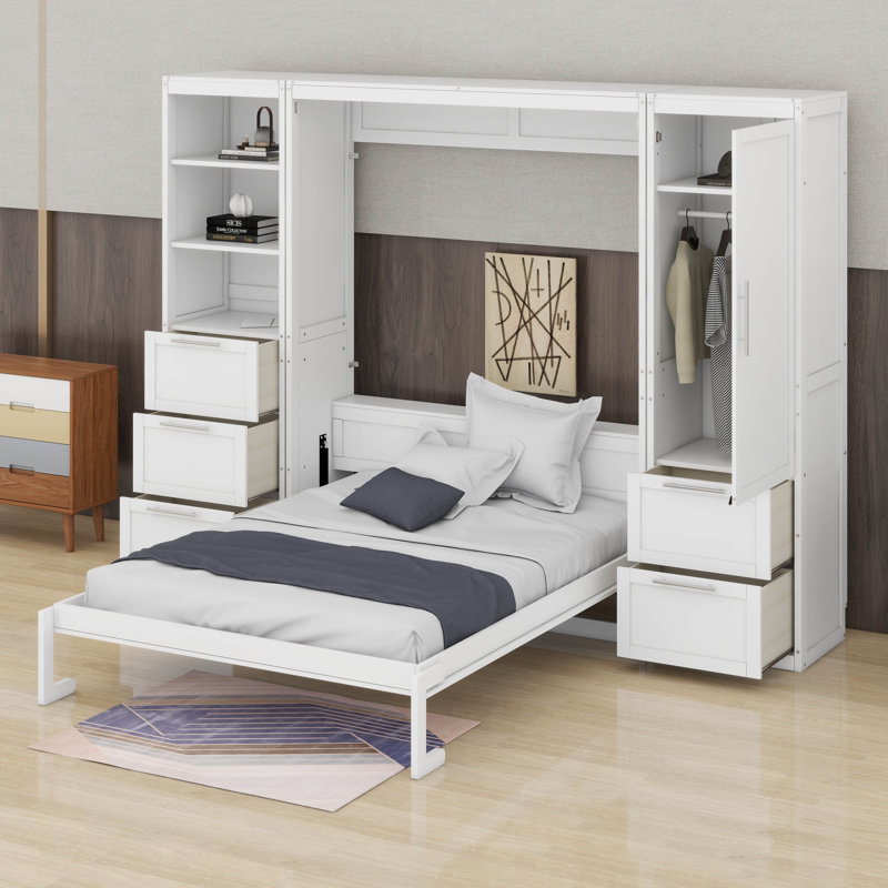 Grand lit escamotable avec tiroirs, Blanc
