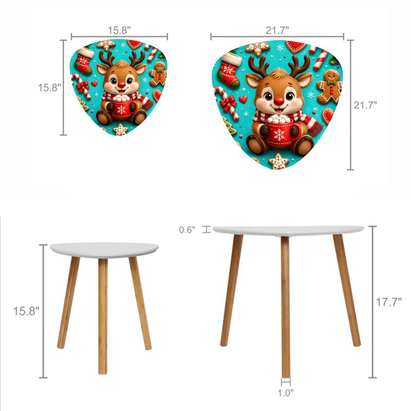Ensemble de 2 tables basses gigognes triangulaires modernes, motif Rudolph et renne au nez rouge, style années 50, empilables, idéales pour le salon, la chambre ou un appartement.