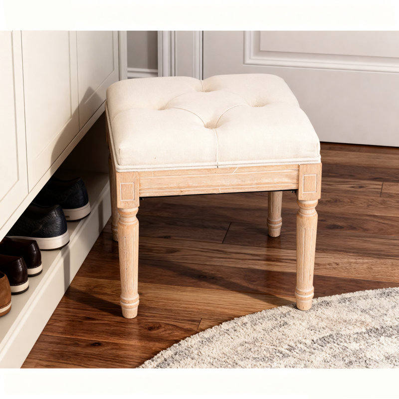 Square Upholstered Beige Bench, 15.97" Dimensions, Great For Outdoor Patio, Soft And Linen Comfortable Seating In Living Room, Solid Rubberwood Frame Legs