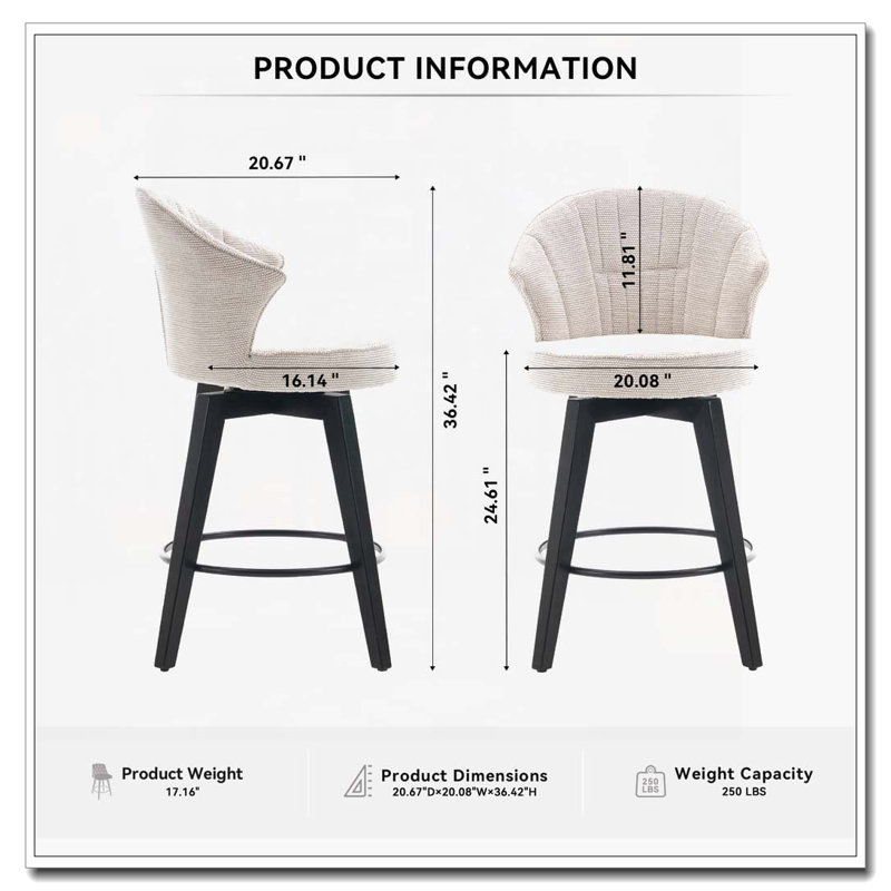 Chenille Fabric Swivel Counter Height Bar Stools, White