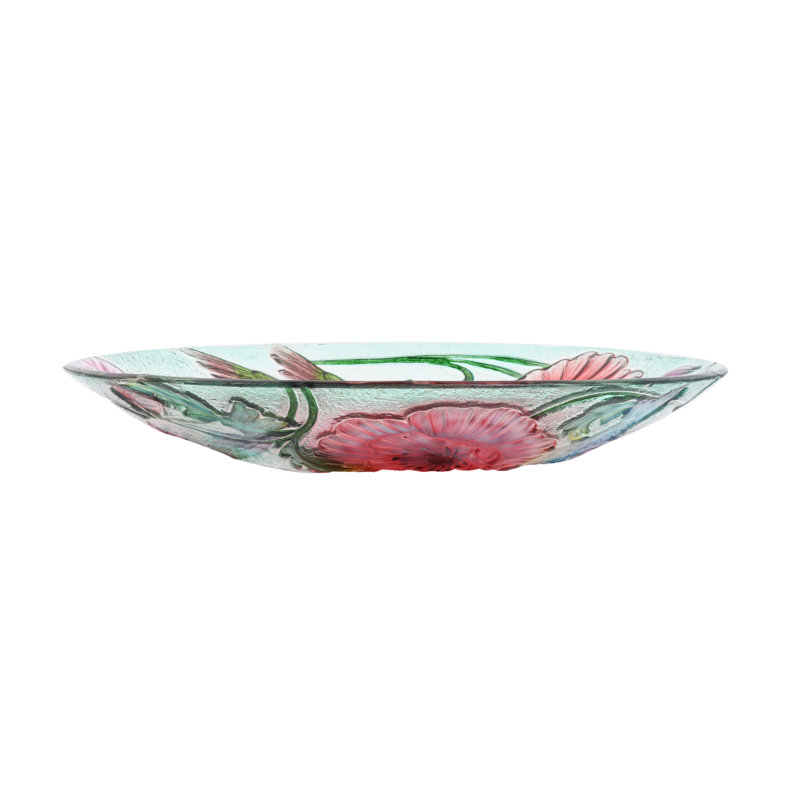 Solar LED Floral Glass Bird Bath with Metal Stand