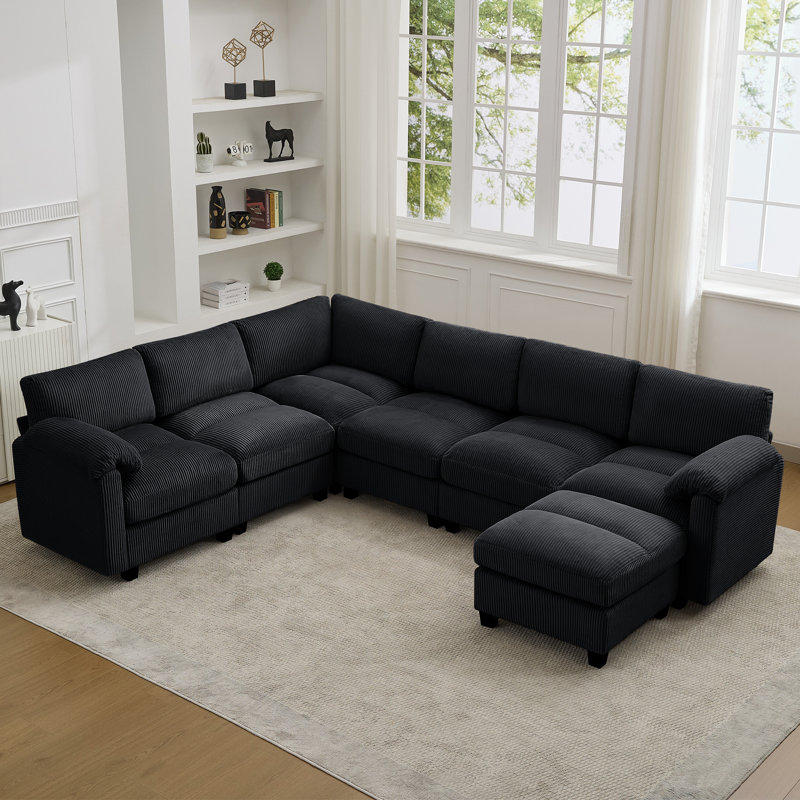 Canapé modulaire 7 places avec accoudoirs coussinés 7 places, 6 places + 1 repose-pieds, Noir