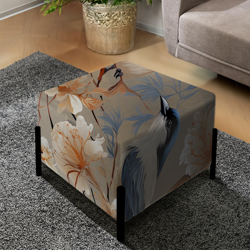 Repose-pieds floral beige et bleu avec oiseaux