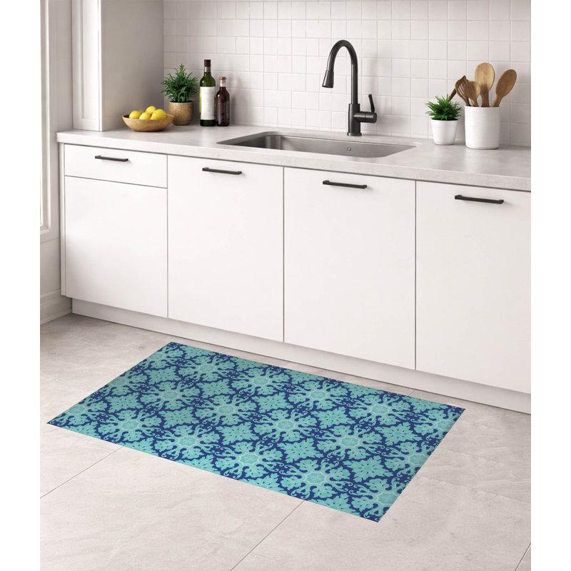Damask Tile Thin Lightweight Kitchen Mat, Blue, Rectangle 5' x 7'