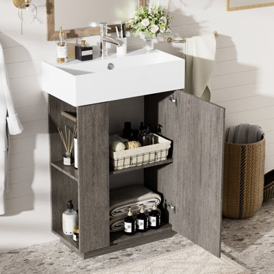 Meuble-lavabo moderne de 21,6 po, lavabo en céramique, autoportant, gris foncé, grain de bois, portes à fermeture en douceur, porte-papier hygiénique, rangement latéral, tablettes fixes, rangement intelligent autoportant pour petites salles de bain, support