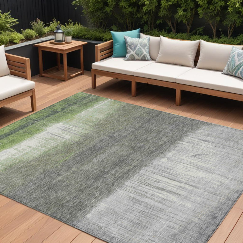 Tapis extérieur lavable abstrait vert et gris 8 'X 10' Fern