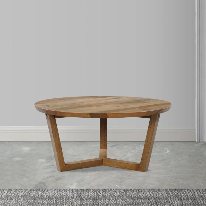 Nina 30 inch Round Mango Wood Coffee Table - Handcrafted Natural Brown, Sturdy 3-Leg Sled Base