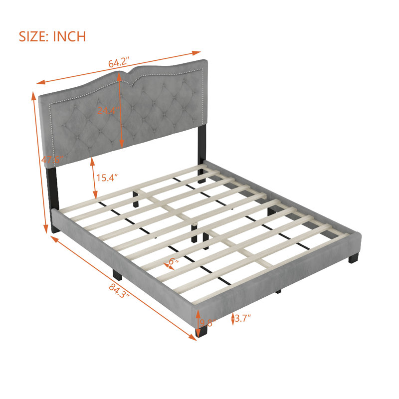 Structure de lit tapissier grand avec rivet - tête de lit en velours ornée, confortable et élégante, tête de lit moderne de 700 lb, velours gris, structure en contreplaqué, support