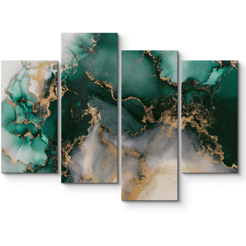Fumée émeraude vert or abstrait 4 pièces