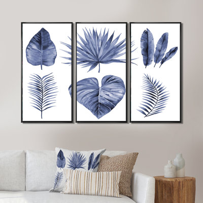 «Tropical Blue Watercolor Leaves IV», peinture sur toile flottante 3 pièces