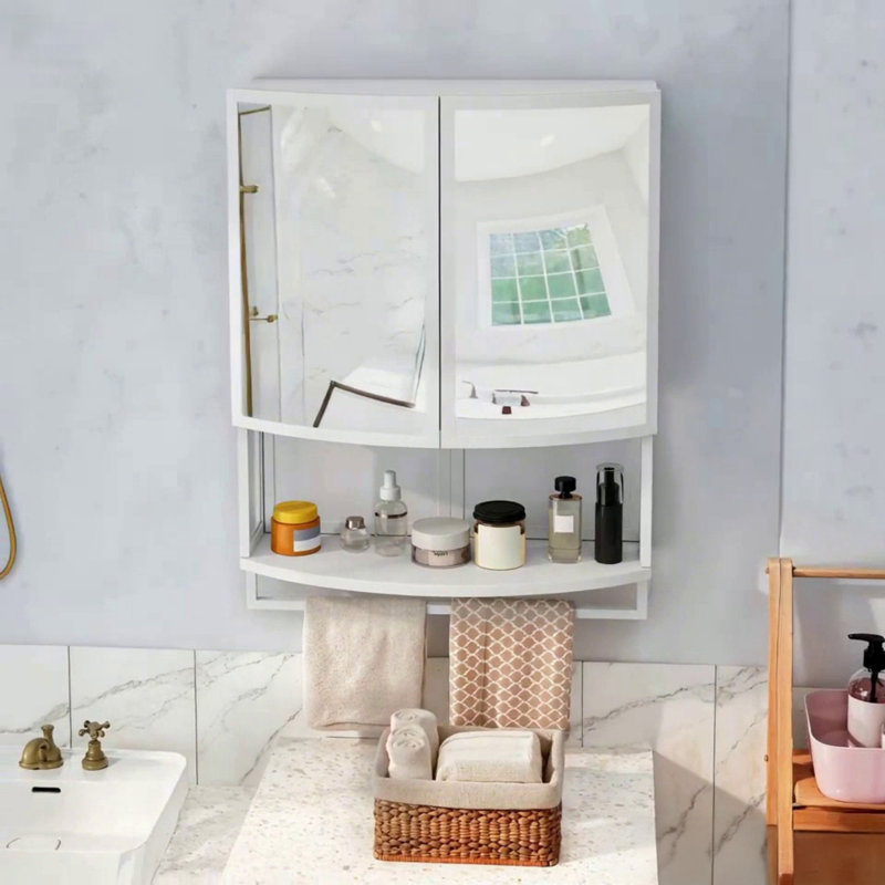 Garde-robe arquée 23,62 "à double porte avec miroir incassable - rangement double couche, Blanc