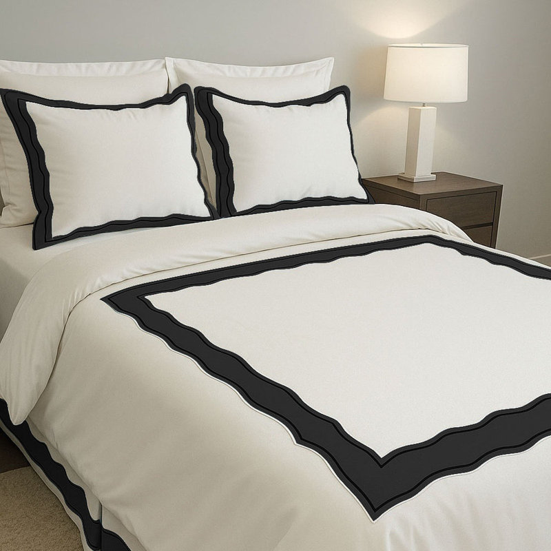 Sagrisa Applique Embroidery Cotton Duvet Cover Set, White/Black