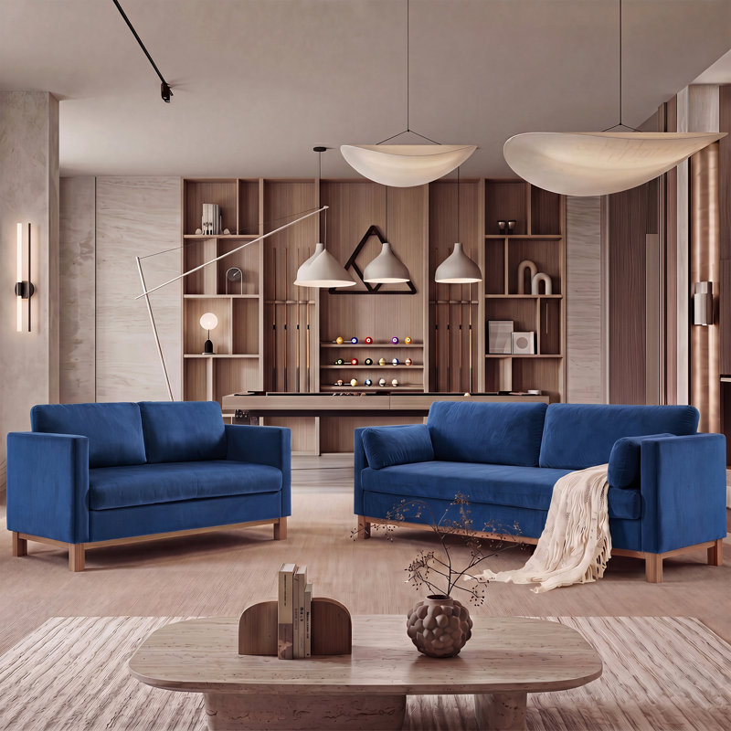 Ensemble de canapé de salon 2 pièces Mid-Century , Blue Velvet