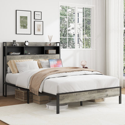 Full Size Bed Frame, Wooden Platform Bed Frame, With Storage And 2 Usbs, No Noise, No Need For Box Springs, Easy To Assemble Tools, Large Storage Space Under The Bed, Antique Gray