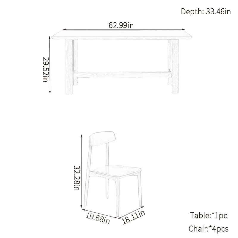Solid wood dining table sets, 29.52"H x 62.99"L x 33.46"W