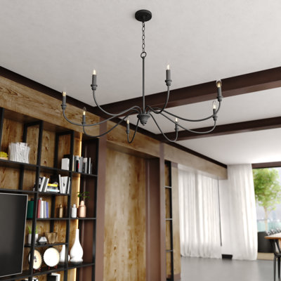 Annabelle 8-Light Farmhouse Candle-Style Chandelier, Matte Black Finish, 42-in Wide, Adj Height, LED Compatible