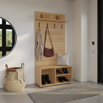 Porto Entryway Shoe Storage Bench with Wall Mounted Coat Rack with Shelf