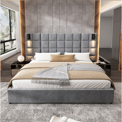King Size Upholstered Bed Frame,With Wall Sconce And USB Port, Wide Headboard, Velvet, Gray