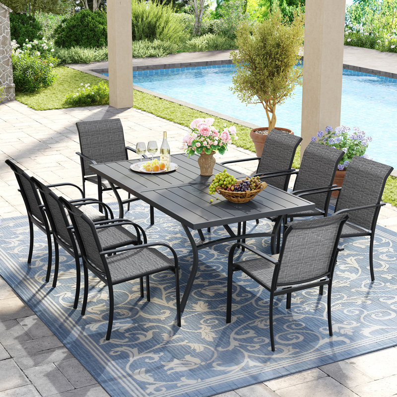 8-Person Rectangular Patio Dining Set With Stackable PVC-coated polyester Chairs, Gray