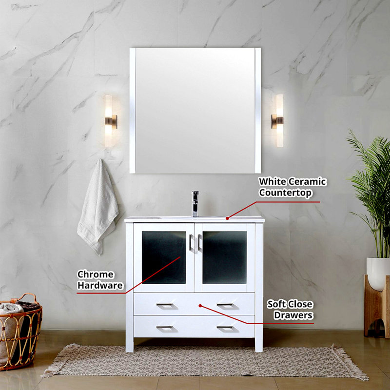 Meuble-lavabo de salle de bain 36 po X P 18,25 po D, dessus en céramique, ensemble de robinet et Miroir, Blanc