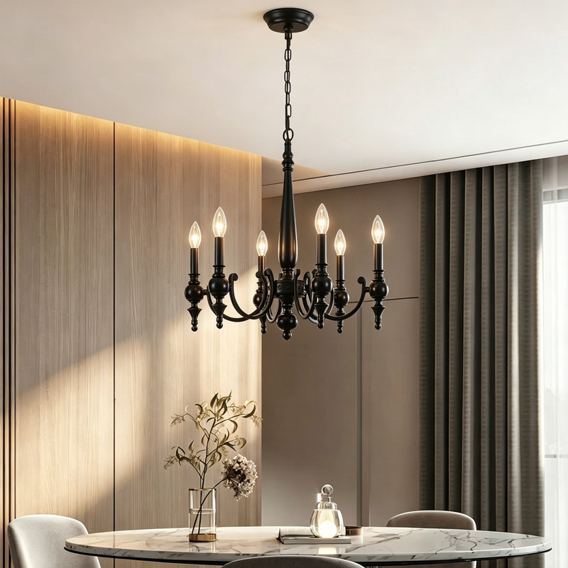 6-Light Matte Black Candle Chandelier, 20.47" French Country Farmhouse Dining Room Light with Adjustable Chain