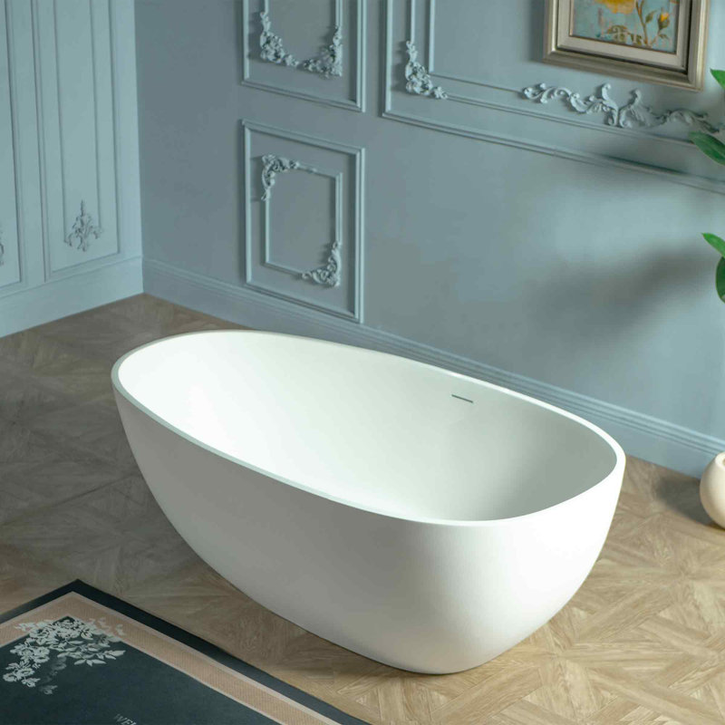 WOODBRIDGE 59" Egg-Shaped Solid Surface Freestanding Soaking Tub, Modern Oval Stone Resin Bathtub with Integrated Slotted Overflow & Drain, Matte White