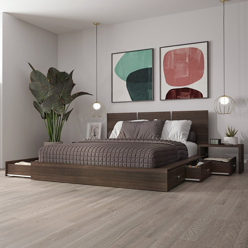 Delta Collection 6-Drawer Captain’s Storage Bed – Platform Bed with Headboard & 2 Drawerless Nightstands – No Box Spring Required