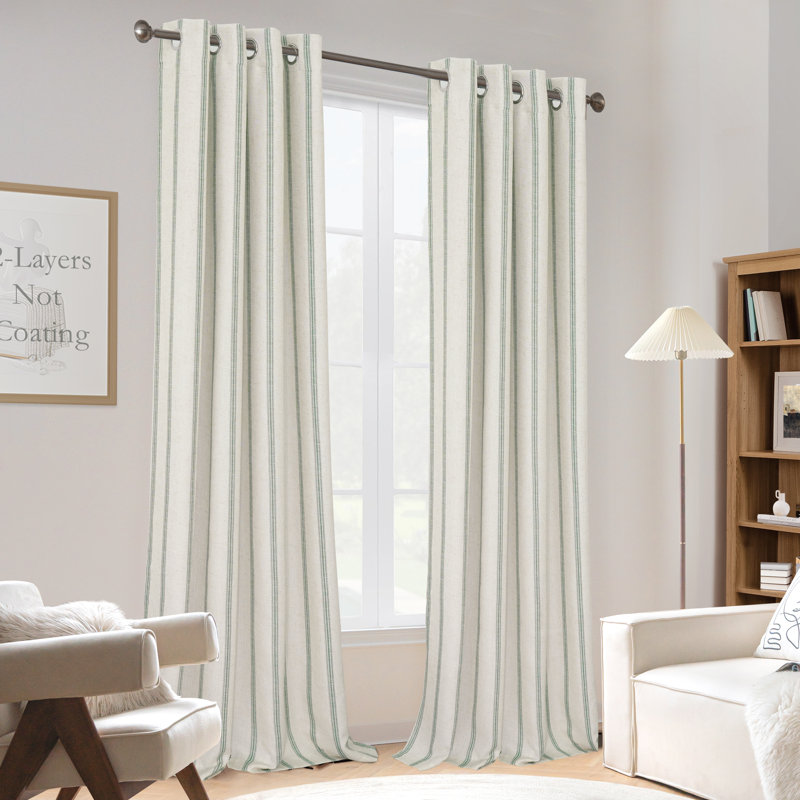 Paire de rideaux occultant, Rayure vert Loden / lin clair, L 52 po x L 108 po