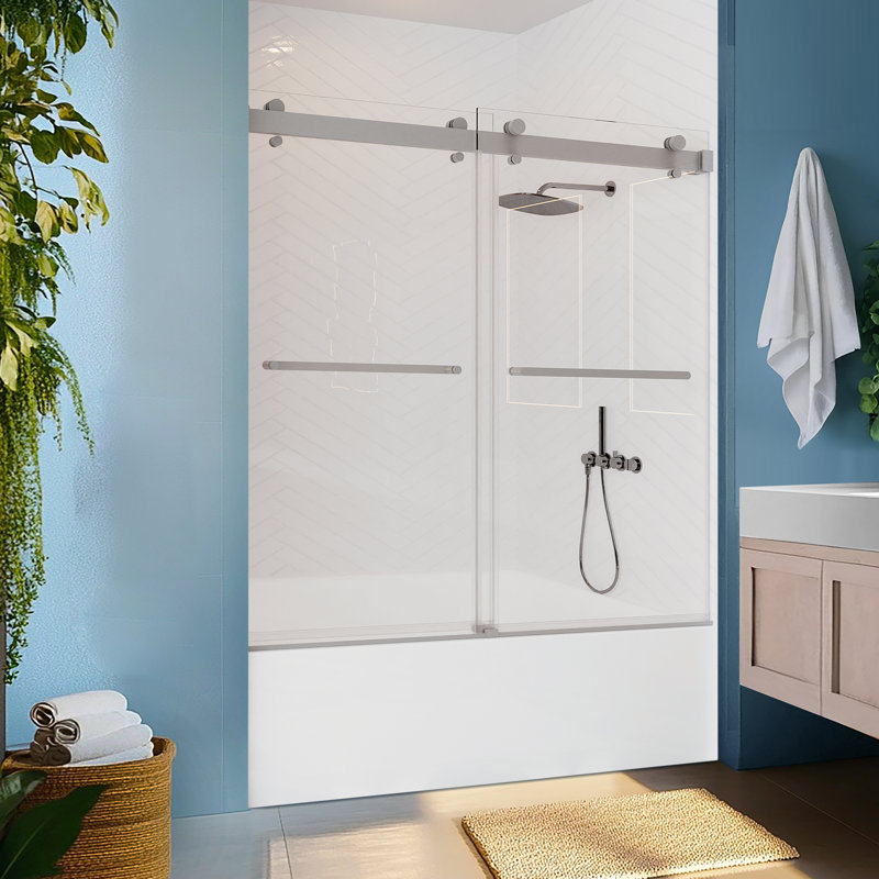 Porte de douche coulissante double sans cadre avec verre trempé de 3/8 po de l 56 à 60 po x H 66 po, Nickel brossé