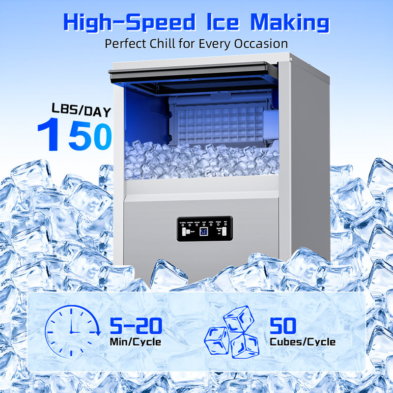 16.34 in. 150 lbs/day Commercial Freestanding/Built-In Full Size Cubes Ice Maker in Stainless Steel with 2-Water Inlet