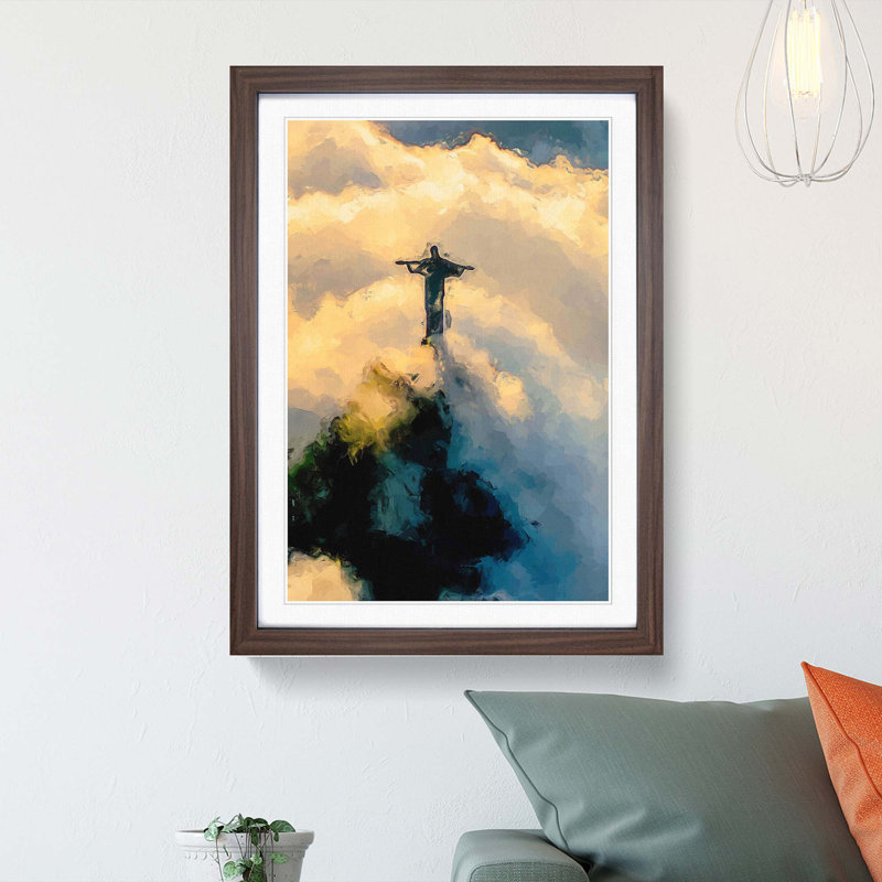 Christ the Redeemer in Brazil in Abstract - Picture Frame Painting Print, 48cm H x 36cm W x 2cm D, Walnut Framed