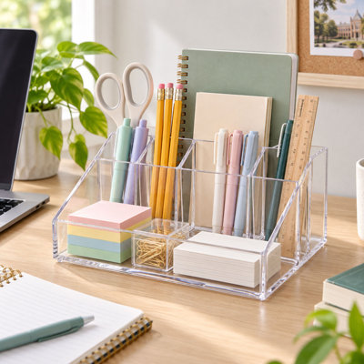 Clear Stackable Desk Organizer with 6 Compartments for Pens and Brushes