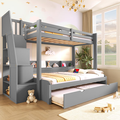 Twin over Full Bunk Bed with Storage Staircase,  Trundle, Storage Shelves, and USB, Grey