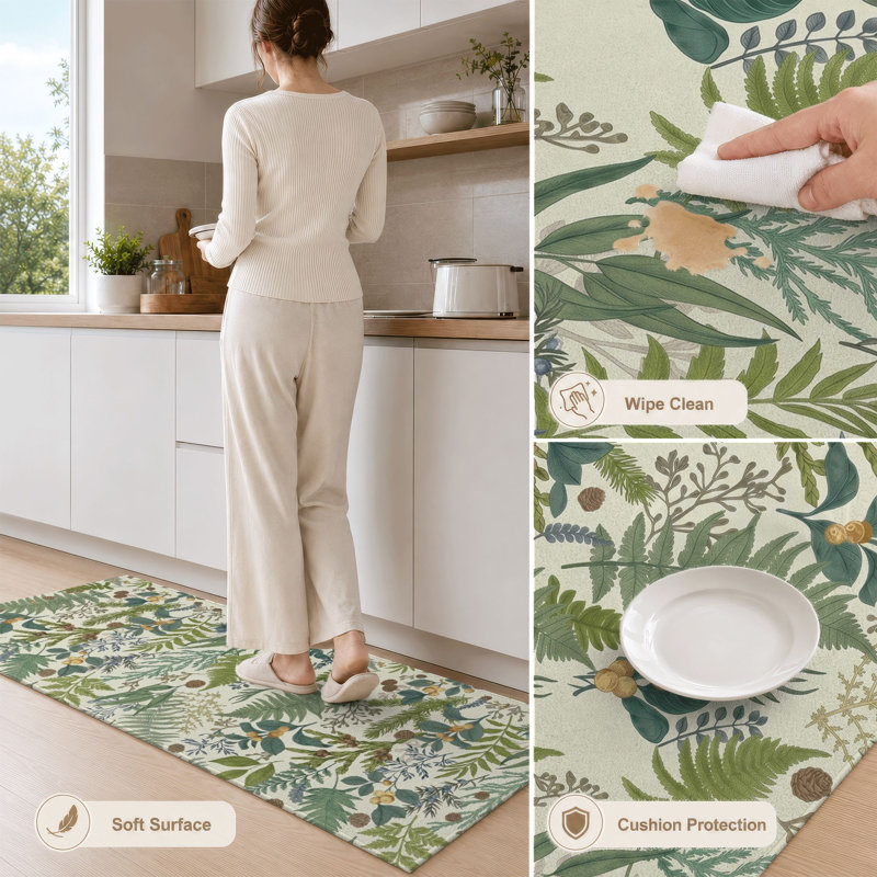 Botanical Green Non-Slip Washable Kitchen Mats
