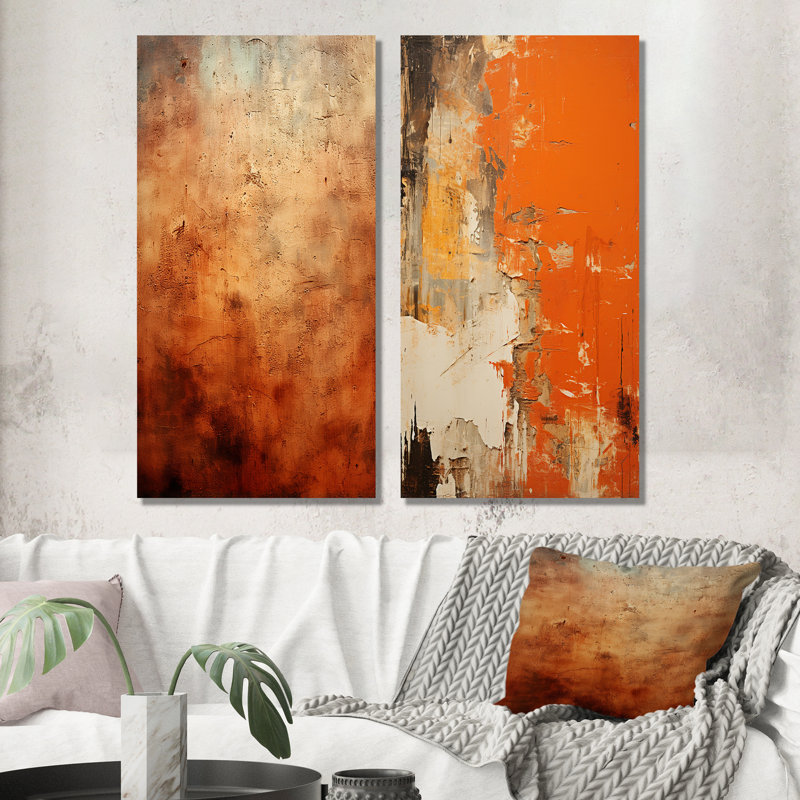 Orange Abstract Fire Chaos Art I - Abstract Painting Wall Decor Set Of 2, Wrapped Canvas, 40" H x 41" W