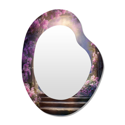 Stairs To Purple Flower Portal - Flowers Asymmetrical Decorative Mirror, Traditional Unique Shape Wall Mirror, Printed Metal Art