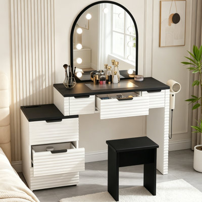Makeup Vanity Set, Vanity Table with Lighted Mirror and 6 Drawers, Makeup Vanity Table And Stool Set, Modern Vanity Desk Chair Set with Mirror