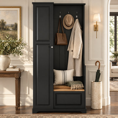 35.5" Modern Hall Tree with Storage Bench, Tall Cabinet & Hanging Hooks, Minimalist Entryway Coat Rack Shoe Cabinet with Adjustable Shelves